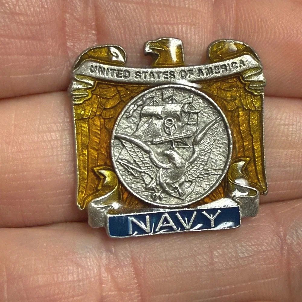 Vintage American Legion US Navy Lapel Pin Eagle Ship‎ Enamel Made in USA Silver